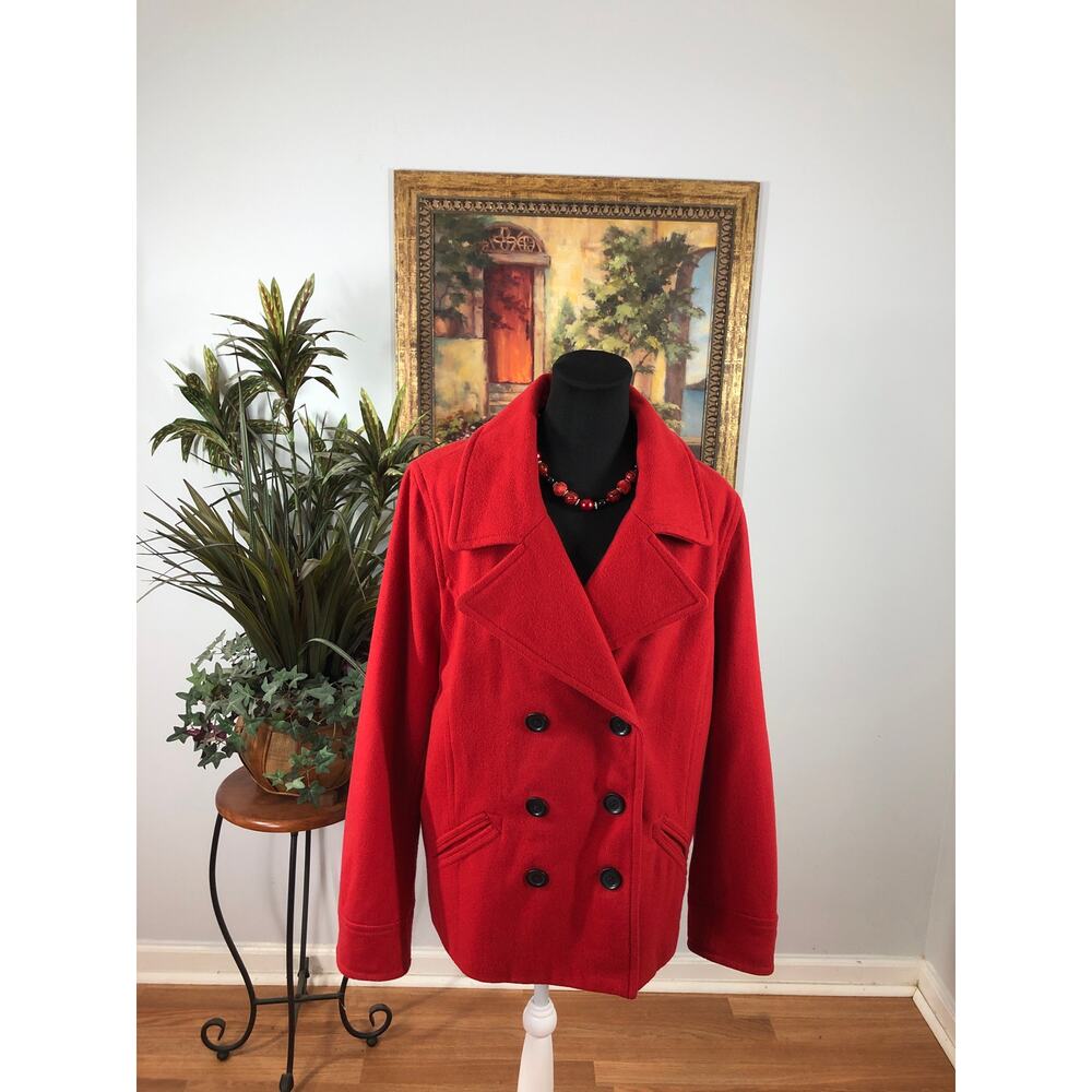Old Navy Women XL Red Wool Blend Double-Breasted Peacoat Collared Pocket Formal